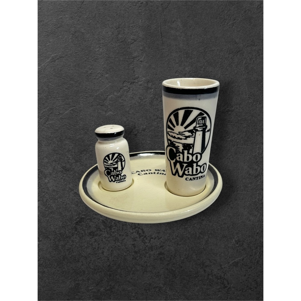 Cabo Wabo Cantina Ceramic Shot Glass Salt Shaker Tray Set Cream Black Mexico
